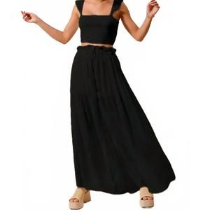 NEW SO ME smocked top and flowy maxi skirt set in black
